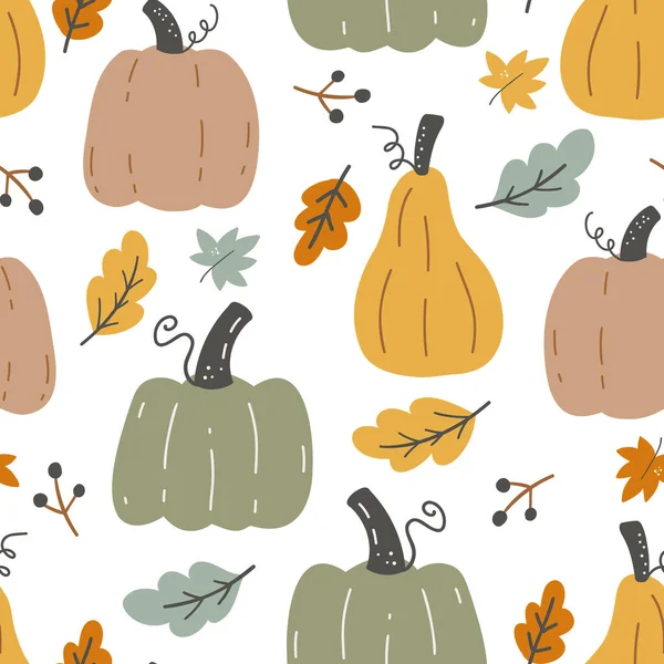 カボチャが付いている継ぎ目が無い秋のパターンおよび白い背景の葉 秋の収穫のテクスチャを繰り返しています 野菜を使った無限のデザイン 着色された手描きベクターのイラスト — ストックベクタ
