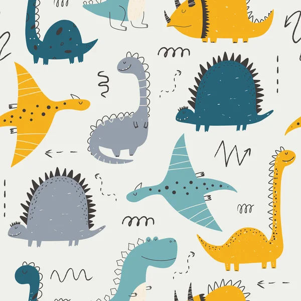 Kindlich Wiederholtes Muster Mit Dinosauriern Skandinavischen Stil Kindliches Nahtloses Muster — Stockvektor