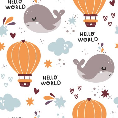 Uyuyan balinaların sıcak hava balonlarıyla kusursuz çocuksu bir düzen. Yaratıcı çocuklar el yapımı kumaş, ambalaj, tekstil, duvar kağıdı, giysi.