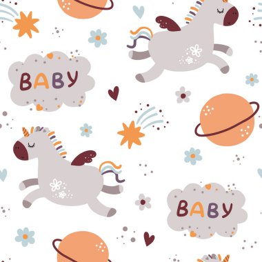 Tek boynuzlu atları ve gezegenleri olan şirin, dikişsiz bir bebek. Kumaş, ambalaj, tekstil, duvar kâğıdı, giyim için yaratıcı İskandinav çocuk dokusu.