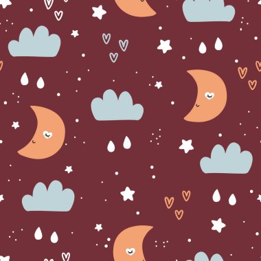 Ayları, bulutları, yıldızları olan kusursuz çocuksu bir model. Kumaş, ambalaj, tekstil, duvar kağıdı, giysi vektörü çizimleri için yaratıcı çocuk dokusu