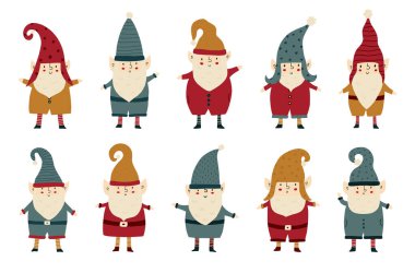 Şirin Noel cüceleri koleksiyonu. Yeni Yıl ve Noel, vektör düz illüstrasyonla ilgilidir. Geleneksel kış tatili.