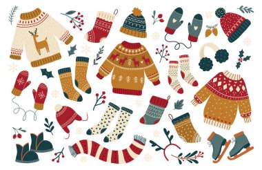 Sıcak kış tatili seti. Noel Tasarım Elementleri. Şirin kızlık zarı giysileri, Noel çiçekleri ve kar taneleri. Beyaz arkaplanda renkli düz vektör çizimi.