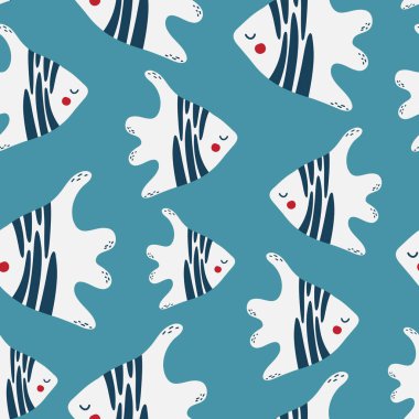 Yaratıcı ve renkli balıkların olduğu denizaltı desenleri. Yaratıcı denizaltı çocuksu dokusu. Kumaş ve Tekstil Vektörü İllüstrasyonu için harika