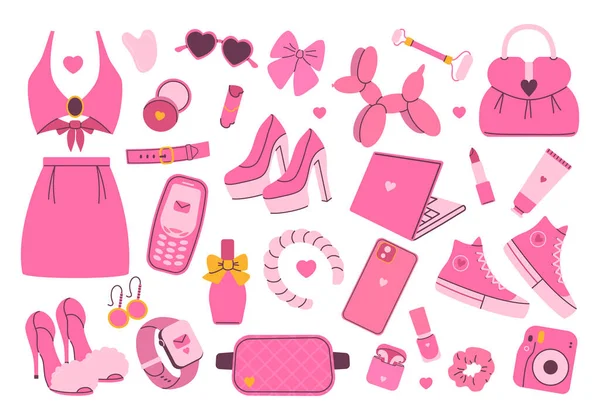 Barbiecore koleksiyonu. Pembe moda seti, pembe bebek estetik aksesuarları ve giysileri. Vektör illüstrasyonu