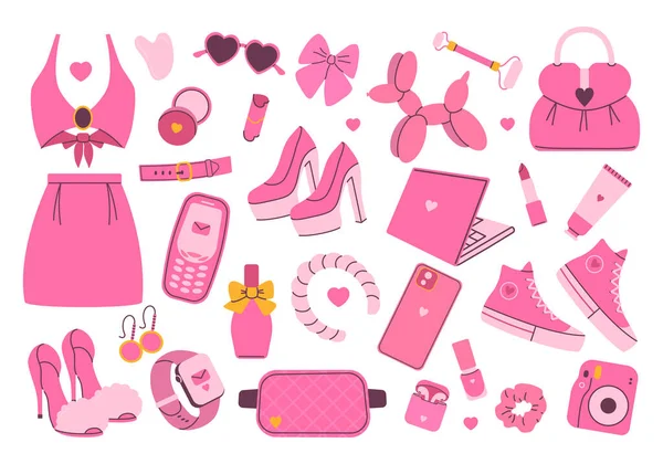 Barbiecore Kollektion Pinkfarbenes Trendiges Set Rosa Puppe Ästhetische Accessoires Und — Stockvektor