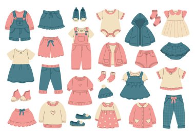 Modern çocuk kıyafetleri seti. Kızlar için moda giysileri. Şık, sıradan çocukların giydiği bir koleksiyon. Çocuksu elbise ve pantolonların düz vektör çizimi.