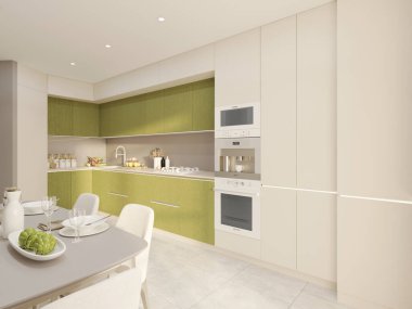3D render of modern bright MDF and wooden facades kitchen interior design in olive green color with white ivory cream cabinets. White sink, oven, microwave, coffee machine