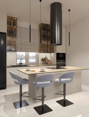 Açık Bej Krem Mutfak tasarımı ada tenceresi ve açık mavi bar sandalyeleri ve güzel cam cepheli masa ve LED ışıklandırmalı boyalı parçalar. Modern konforlu iç mekanın 3 boyutlu gerçekçi tasarımı. Mobilya dolapları fildişi rengi siyah fırın mikrodalga buzdolabı..