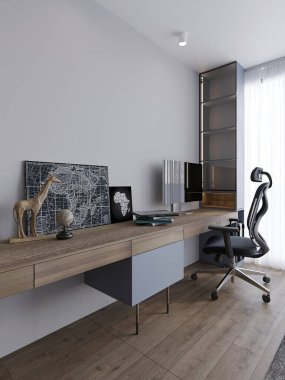 Gençler için iş yeri, sandalyeli ahşap masa masası monitörlü bilgisayar, öncü ışıklandırmalı kitap rafları ve masanın üstünde biraz dekor. Mavi gri renkli modern mobilyalar. 3d iç tasarım