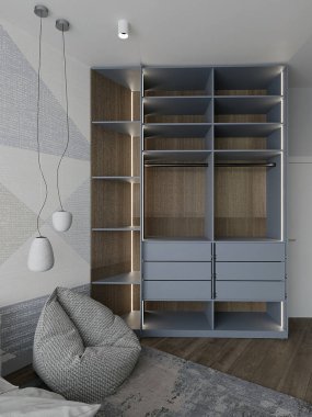 a bedroom with a bed, a soft free form chair, and a bookcase. Wardorobe opened inside view in blue gray colors for teenager with wooden shelves and long white lamps, led lighting in open wardrobe. 3d rendering of interior design furniture clipart