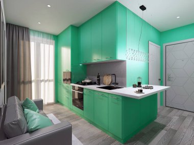 Süper modern, son derece parlak, neon yeşil mutfak tasarımı 3D, düz dolaplar, köşedeki mobilyalar beyaz, açık gri masa.