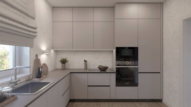 Bej mutfak mobilyaları iç tasarım düz cepheler duvarlarda terrazzo fayans fırın mikrodalga fırın üstte gri renkli 3D renkte pişirme