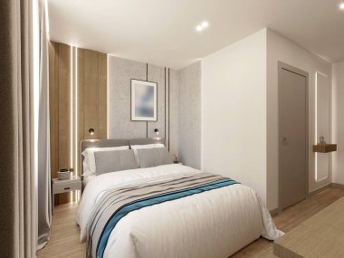 Küçük otel odası standart çift konforlu yatak iç tasarımı gri okyanus mavi duvarlar beyaz duvarlar tahta pannels Büyük kral boyutunda orta boy yatak iki minimalist tasarım basit küçük oda