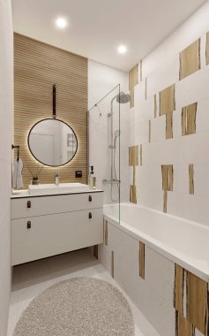 Stylish bathroom with shower in wooden and white terrazzo tiled walls, 3d render. Modern contemporary shower with glass curtain captain mirror ceramic sink. Nicely decorated, beautiful interior design clipart