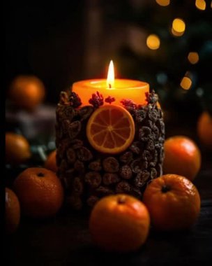 Noel mumu ve portakallı Noel süslemeleri koyu arka planda, kahve çekirdekleri ile süslenmiş turuncu mumlar.
