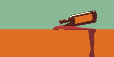 Bir şişe şarap düştü ve masaya döküldü. Retro biçiminde vektör illüstrasyonu.