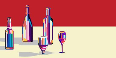 Yanında şarap, bira ve bir bardak olan çok renkli şişeler. Yakınlarda bir fotokopi alanı var..