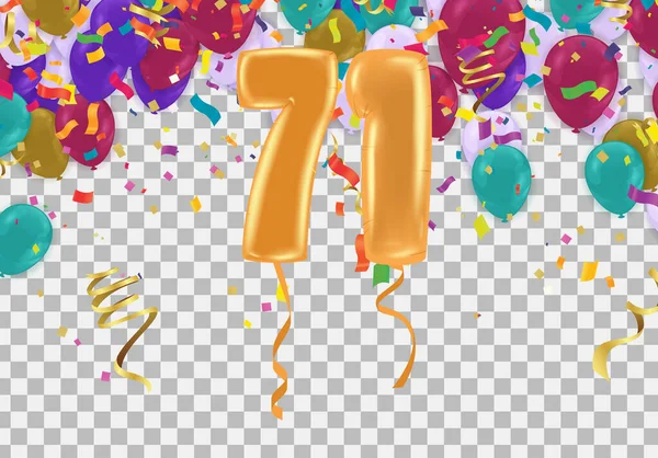 エレガントな挨拶のお祝い71誕生日ハッピー誕生日 お祝いのポスター 輝くコンフェッティと風船の数 ベクトル — ストックベクタ