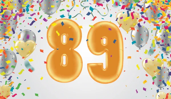 エレガントな挨拶のお祝い89誕生日ハッピー誕生日 お祝いポスター 輝くコンフェッティと風船の数 ベクトル — ストックベクタ