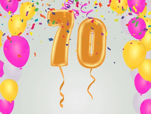 エレガントな挨拶のお祝い70誕生日ハッピー誕生日 お祝いポスター 輝くコンフェッティと風船の数 ベクトル — ストックベクタ