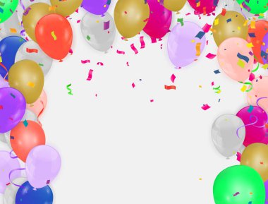 Mutlu tipografi vektör tasarımı. Doğum günü kutlaması için şablon. Folyo konfeti ve simli balonlar.