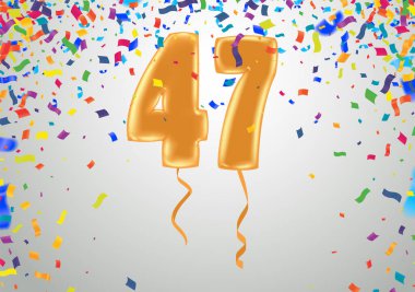 Şık karşılama kutlaması 47 doğum günün kutlu olsun, tebrikler. Köpüklü konfetiyle balon numaraları. Vektör