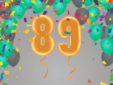 Zarif karşılama kutlaması 89 doğum günün kutlu olsun, tebrikler poster. Köpüklü konfetiyle balon numaraları. Vektör
