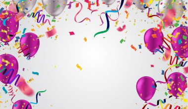 Gökyüzü arka planında renkli doğum günü balonları ve konfetileri, Tex 'iniz için resimli vektör arka planı