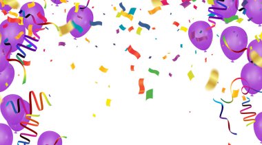 Gökyüzü arka planında renkli doğum günü balonları ve konfetileri, Tex 'iniz için resimli vektör arka planı