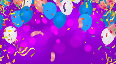 Gökyüzü arka planında renkli doğum günü balonları ve konfetileri, Tex 'iniz için resimli vektör arka planı