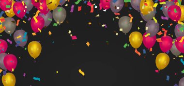 Balonlar, konfetiler, pankartlar ve renkli balonlar ve konfetilerin olduğu bir yazı tabelası.