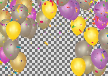 Parti İçin Uçan Doğum Günü Balonları ve Arka planda İzole Edilmiş İleti İçin Alanlı Kutlamalar