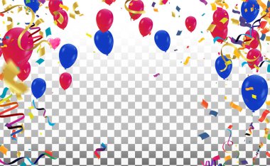 Balonlar, konfetiler, pankartlar ve renkli balonlar ve konfetilerin olduğu bir yazı tabelası.