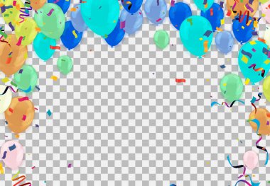 Holiday background with balloons, flags, streamer. Multicolored bright buntings garlands with confetti and air balls isolated on backgroun