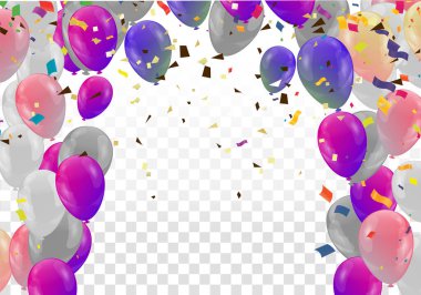 Holiday background with balloons, flags, streamer. Multicolored bright buntings garlands with confetti and air balls isolated on backgroun