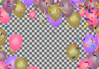 Balonlar, konfetiler, pankartlar ve renkli balonlar ve konfetilerin olduğu bir yazı tabelası.