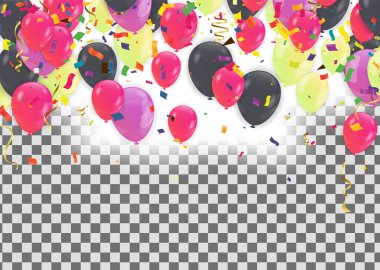 Balonlar, konfetiler, pankartlar ve renkli balonlar ve konfetilerin olduğu bir yazı tabelası.