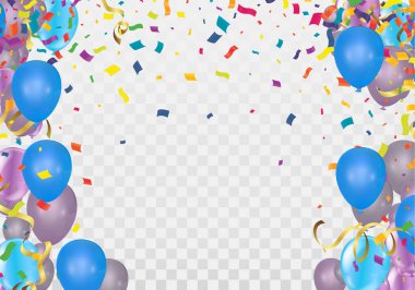 Balonlu doğum günü kartı, Confetti ve Curling Streamer veya Party Serpentine. İzole Vektör Resimleri