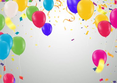 Gökyüzü arka planında renkli doğum günü balonları ve konfetileri, Tex 'iniz için resimli vektör arka planı