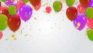 Balonlarla, bayraklarla, flamalarla tatil geçmişi. Mesaj için yer. Vektör bayramı illüstrasyonu. Renkli balonlar