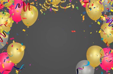 Balonlarla, bayraklarla, flamalarla tatil geçmişi. Mesaj için yer. Vektör bayramı illüstrasyonu. Renkli balonlar