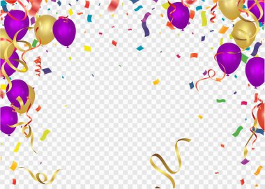 Holiday background with balloons, flags, streamer. Multicolored bright buntings garlands with confetti and air balls isolated on backgroun