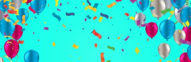 Holiday background with balloons, flags, streamer. Multicolored bright buntings garlands with confetti and air balls isolated on backgroun