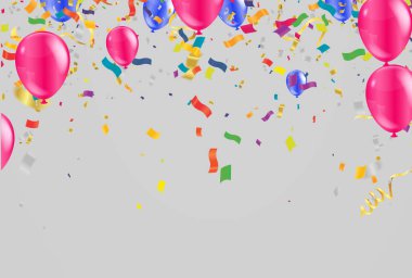 Balonlar, konfetiler, pankartlar ve renkli balonlar ve konfetilerin olduğu bir yazı tabelası.