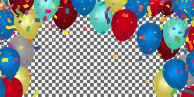 Holiday background with balloons, flags, streamer. Multicolored bright buntings garlands with confetti and air balls isolated on backgroun