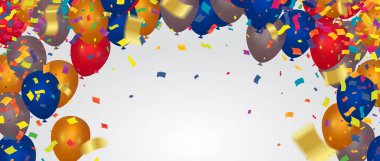 Holiday background with balloons, flags, streamer. Multicolored bright buntings garlands with confetti and air balls isolated on backgroun