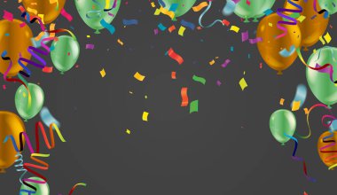 Holiday background with balloons, flags, streamer. Multicolored bright buntings garlands with confetti and air balls isolated on backgroun