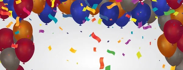 Cartão Aniversário Com Balões Confetti Fluxo Curling Serpentina Festa Isolado — Vetor de Stock