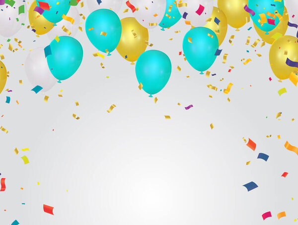 Abstract colorful confetti and balloons background. Balloons and confetti isolated on the white. Vector holiday illustration.